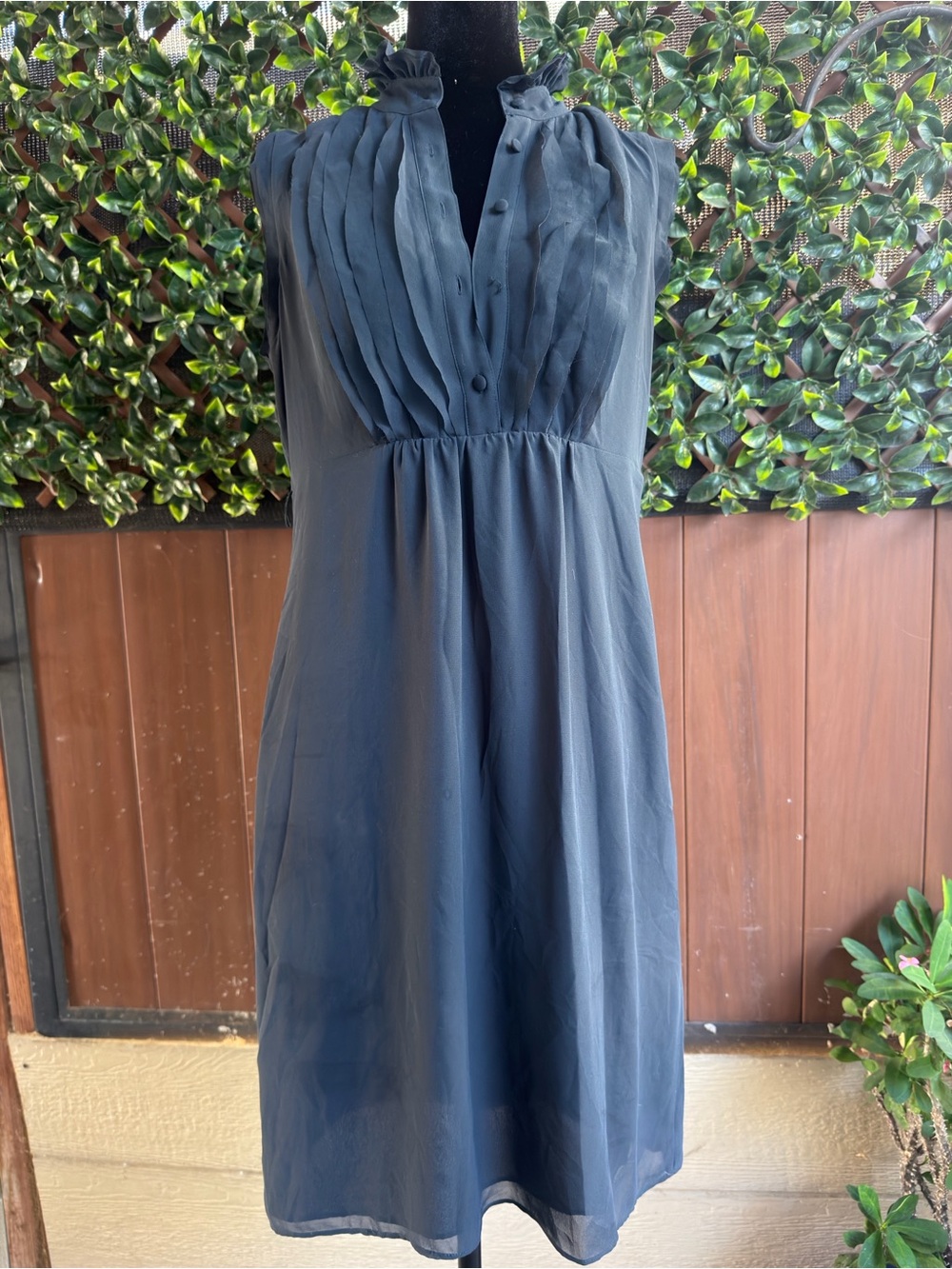 LOFT Navy Pleated Yoke Midi Dress